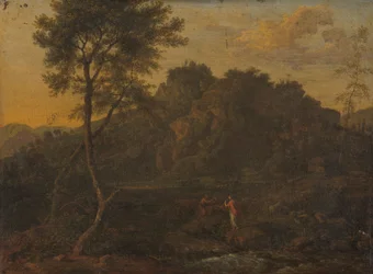 Ninfa e pastore che fanno musica in un paesaggio