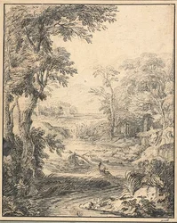 Paesaggio fluviale con due figure in primo piano, castello in lontananza