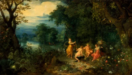 Un paesaggio con bosco, Diana offre una lepre a una ninfa, Sileno e Cerere in primo piano, c1614