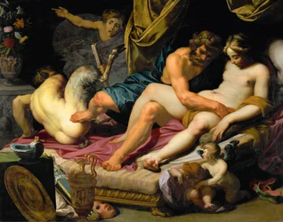 Ercole scaccia Pan dal letto di Omphale (olio su tela)