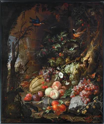 Fiori, frutta, uccelli e insetti in un paesaggio di rovine ...