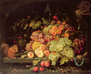 Natura morta con frutta, scoiattolo e cardellino