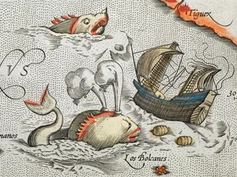 (Dettaglio). Mostri marini che attaccano una nave.