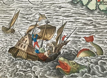 Una nave attaccata da un mostro marino da Typus orbis terrarum, di Abraham Ortelius