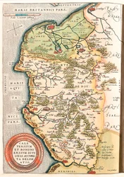 Caletensium et Bononiensium Ditionis Accurata Delineatio Mappa geografica del territorio del Boulonnais, Artois e Fiandre francesi, inclusi i luoghi di Calais, Arches, Greuelinge, Etaples e Montreuil... tratta dal "Theatrum Orbis Terrarum"