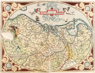 Descriptio Germaniae Inferioris Mappa geografica del territorio dei Paesi Bassi Germanici da "Theatrum Orbis Terrarum" di Abraham Ortelius