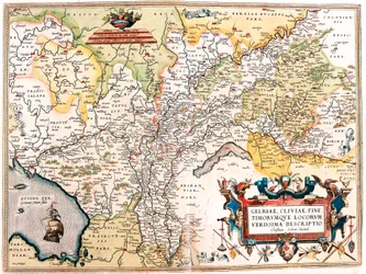 Gelriae, Cliviae, Finitimorum Qe Locorum Verissima Descriptio Christiano Schrot. Auctore. Mappa geografica del territorio dei Paesi Bassi tedeschi da "Theatrum Orbis Terrarum" di Abraham Ortelius