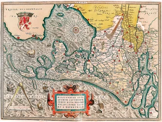 Hollandiae antiquorum catthorum sedis nova descriptio, auctore lacobo a daventria Mappa geografica del territorio dei Paesi Bassi con le città di Amsterdam e Haarlem... tratta da 