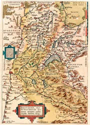 Sabaudia et Burgundiae Comitus descriptio, mappa geografica del territorio della Borgogna e della Savoia (Pontarlier, Digione, Lago Lemano e Svizzera) da “Theatrum Orbis Terrarum” di Abraham Ortelius