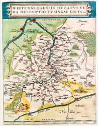 Wirtenbergensis Ducatus Vera descriptio, Tubingae edita 1558 Mappa geografica del territorio del Baden-Württemberg (Baden Wuerttemberg) in Germania da "Theatrum Orbis Terrarum" di Abraham Ortelius