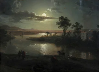 Scena serale con luna piena e persone