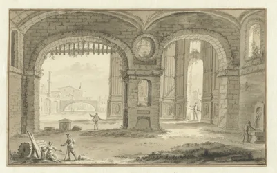 Veduta immaginaria di una città italiana con edifici classici