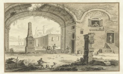 Veduta immaginaria di una città italiana con edifici classici e vista sotto un arco