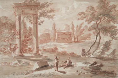 Paesaggio con tomba, rovine e figure