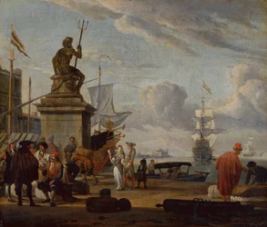 Un capriccio di un porto mediterraneo con figure eleganti e mercanti