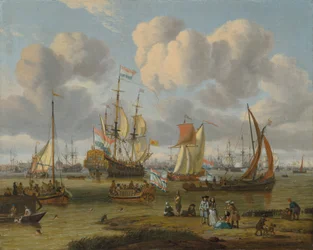 Olandese: Schepen op het IJ voor Amsterdam Spedizione al largo di Amsterdam con figure su una banchina