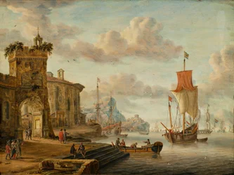 Scena del porto con rovine antiche