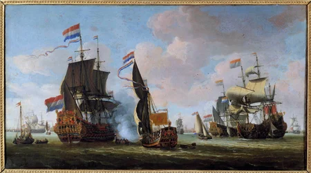 Marina: scena di battaglia navale. Dipinto di Abraham Storck (1635-1710), XVII secolo, Angers, Museo delle Belle Arti