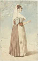 Donna in piedi in costume italiano, verso destra