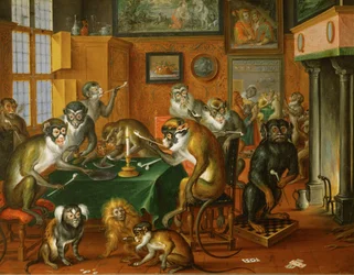 Tabakskollegium von Affen - Festa delle scimmie fumanti ... (olio su rame)