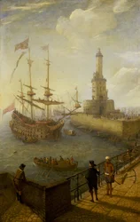 Una nave spagnola a tre alberi ancorata al largo della costa di Napoli (Italia), vista da un molo lastricato della città, verso il faro e gli edifici del porto mediterraneo