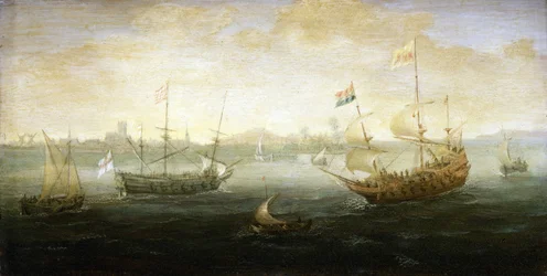 Una barca olandese e una britannica, con bandiera Stuart, che navigano al largo di un porto