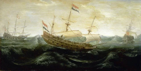 Una nave olandese che naviga su un mare molto turbolento, viaggiando con vele ridotte, in cui il vento si precipita