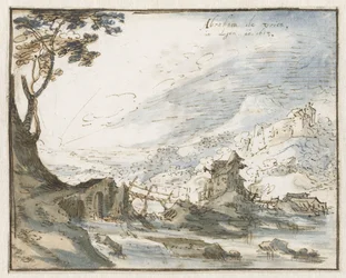 Paesaggio montuoso con un ponte di legno