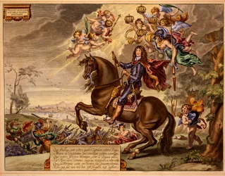 Carlo II con una dedica in francese, con il vecchio ponte di Londra sullo sfondo, da The Method and New Invention of Dressing Horses di William Cavendish, pubblicato nel 1737 (2a edizione)