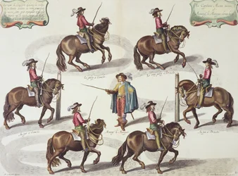 Il Marchese di Newcastle che dà una lezione di equitazione al Capitano Mazin, tavola 15 da Il Metodo e la Nuova Invenzione di Addestrare i Cavalli di William Cavendish, inciso da Lucas Vo