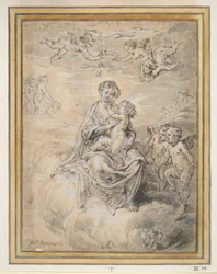 Vergine e Bambino in cielo, con putti