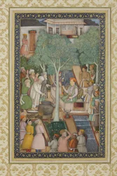 Imperatore Jahangir con santi uomini in un giardino