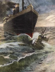 Un transatlantico tedesco si ribalta e rompe un sottomarino della flotta inglese al largo della costa di Dover - Illustrazione di Beltrame - 
