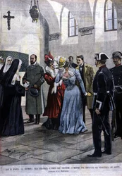 A Madrid, una giovane donna, Mademoiselle Ubao, viene strappata alla vita religiosa in un convento dove si trovava per suggerimento dei Gesuiti. Illustrazione di Beltrame. La Domenica del Corriere. 1901