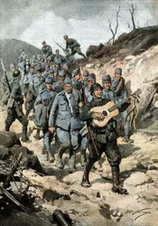 Un eroe felice. Dopo aver catturato quaranta austriaci e una chitarra in una grotta, il soldato Buoncompagni marciò alla testa del gruppo di prigionieri cantando. Ill. di Beltrame. La Domenica del Corriere. 10/1917