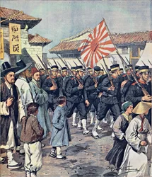 Arrivo delle truppe giapponesi in Corea, di Achille Beltrame (1871-1945), illustrazione da La Domenica del Corriere, 21 febbraio