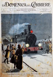 Arrivo del nuovo secolo, persone che accolgono il nuovo secolo con gioia, illustrazione di Achille Beltrame (1871-1945), da La Domenica del Corriere, 6 gennaio