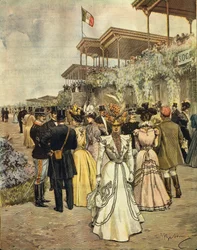 Alle corse dei cavalli a San Siro (Milano), di Achille Beltrame (1871-1945), da La Domenica del Corriere, 4 giugno 1899