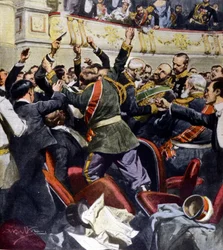Attentato contro il ministro russo Stolypin al teatro municipale di Kiev. Illustrazione di Beltrame