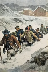 Lavoratori italiani attraversano il Passo del Gran San Bernardo tra Aosta e Svizzera. Copertina di “La Domenica del Corriere”. 14/02/1904. Litografia.