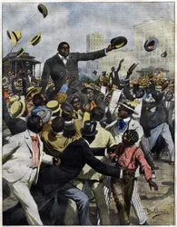 Il pugile Jack Johnson arrivato a Chicago nel 1910. Illustrazione di Achille Beltrame per La Domenica del Corriere