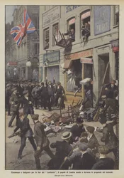 Commosso e indignato per la fine del Lusitania, il popolo di Londra assale e devasta le proprietà dei tedeschi