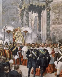 Incoronazione di papa Pio X nella basilica di San Pietro, Vaticano, illustrazione di Achille Beltrame da La Domenica del Corriere