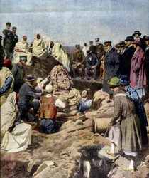 Scoperta di un busto di Giove a Sabratha in Libia nel 1925. illustrazione di Achille Beltrame