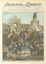 Decadenza della monarchia in Portogallo, soldati passati ai rivoltosi che calpestano la bandiera