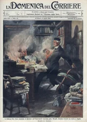 Morto nel suo laboratorio a Napoli da Giuseppe Mercalli (1850-1914), sismologo e vulcanologo italiano. Illustrazione di Achille Beltrame per "La domenica del corriere". 1914.