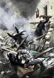 Disastro in un edificio a Genova: buone sorelle scomparse nel crollo di due appartamenti. Illustrazione di Beltrame. "La Domenica del Corriere". 04/1914