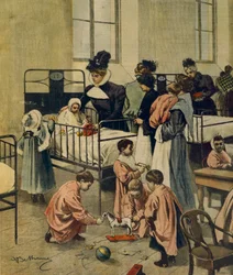 Distribuzione di regali di Natale ai bambini poveri in ospedale, di Achille Beltrame, illustrazione, da La Domenica del Corriere, 23 novembre 1900