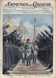 Il Duce Benito Mussolini passa in rassegna i «moschettieri» della Milizia Volontaria per la Sicurezza Nazionale a Roma. Illustrazione di Achille Beltrame in «La Domenica del Corriere», 14/02/1937.