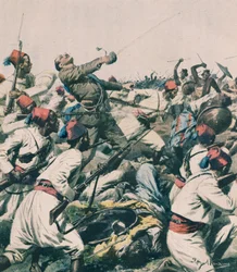 Attacco etiope alla guarnigione di Lugh e uccisione del Capitano Bongiovanni, di Achille Beltrame, illustrazione, Achille Beltrame (1871-1945), da La Domenica del Corriere